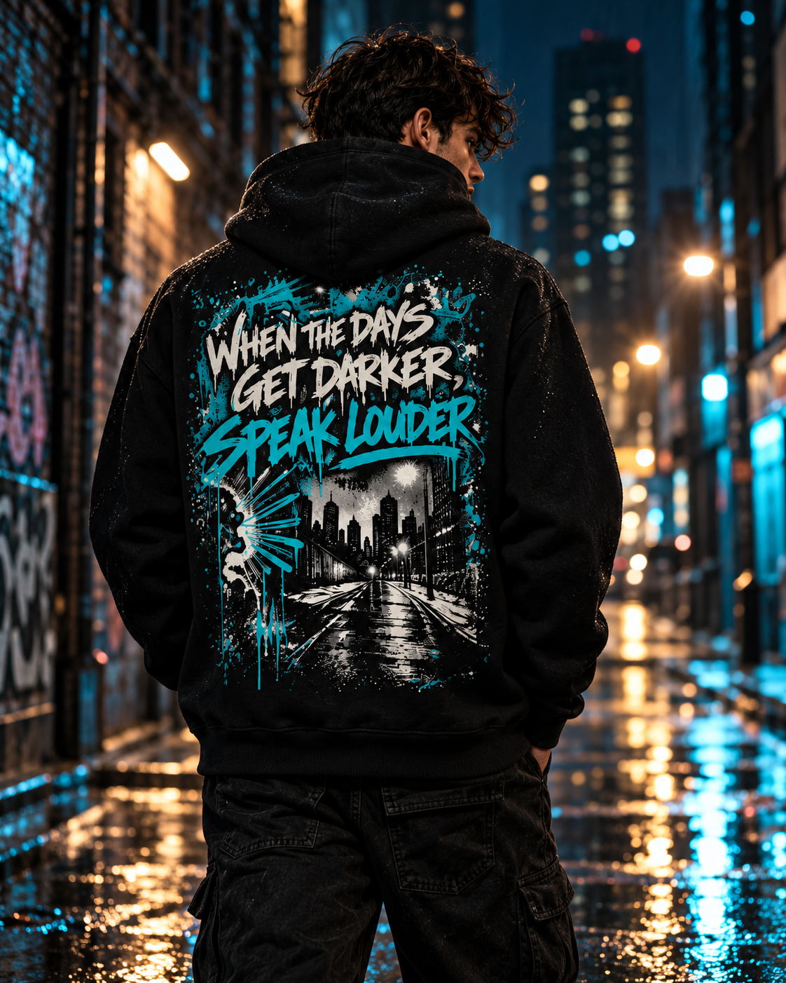 After Dark Collection — When The Days Get Darker, Speak Louder hoodie back artwork