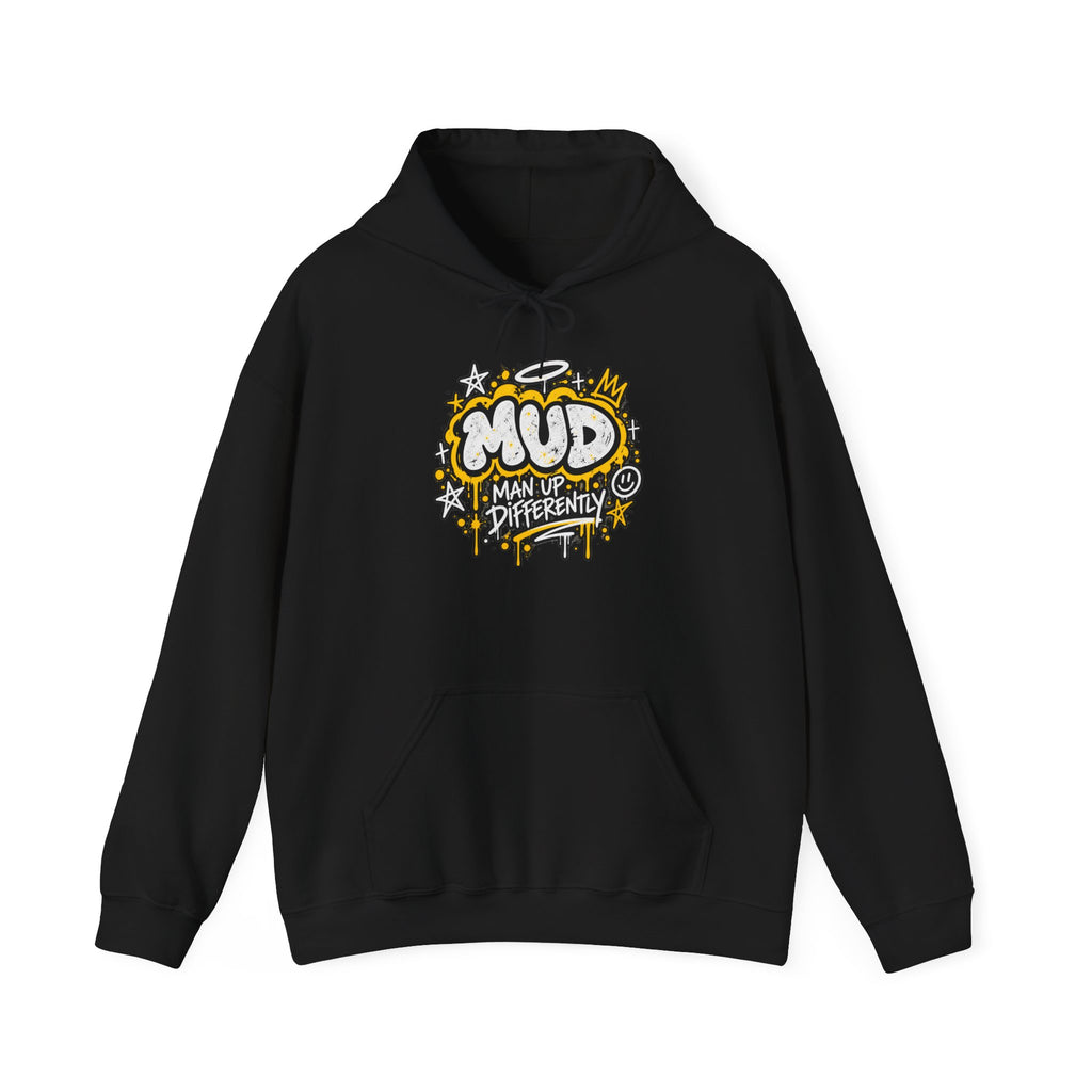 Black BE LOUD Hoodie flat lay front view with MUD chest graphic