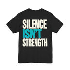 Black MUD Essential Tee flat lay back view with Silence Isn't Strength graphic