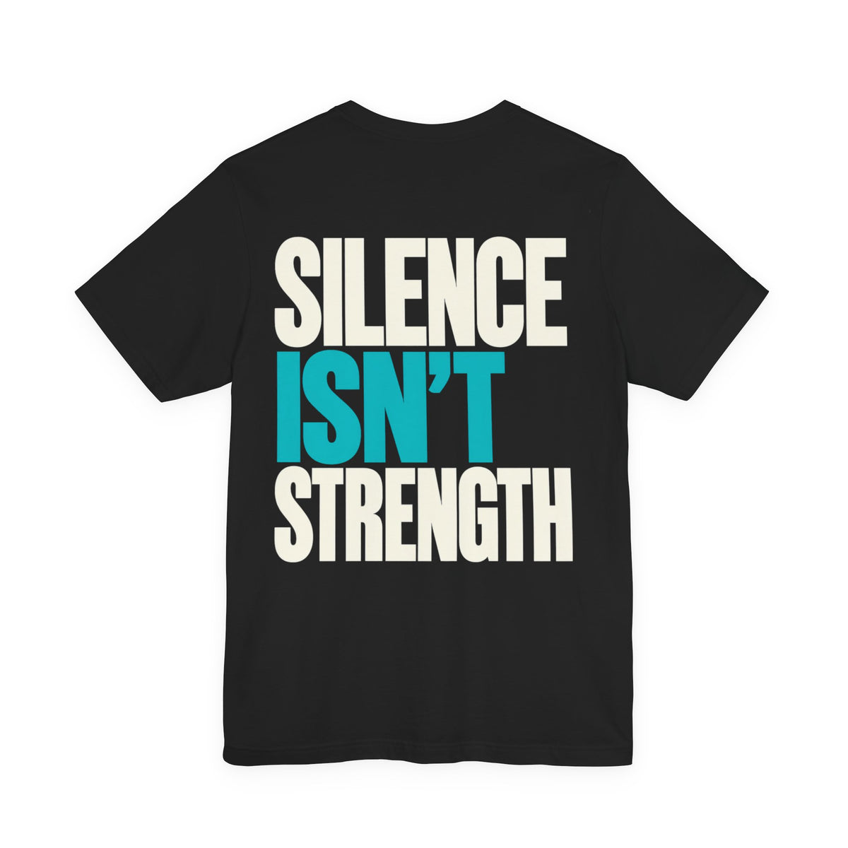 Black MUD Essential Tee flat lay back view with Silence Isn't Strength graphic