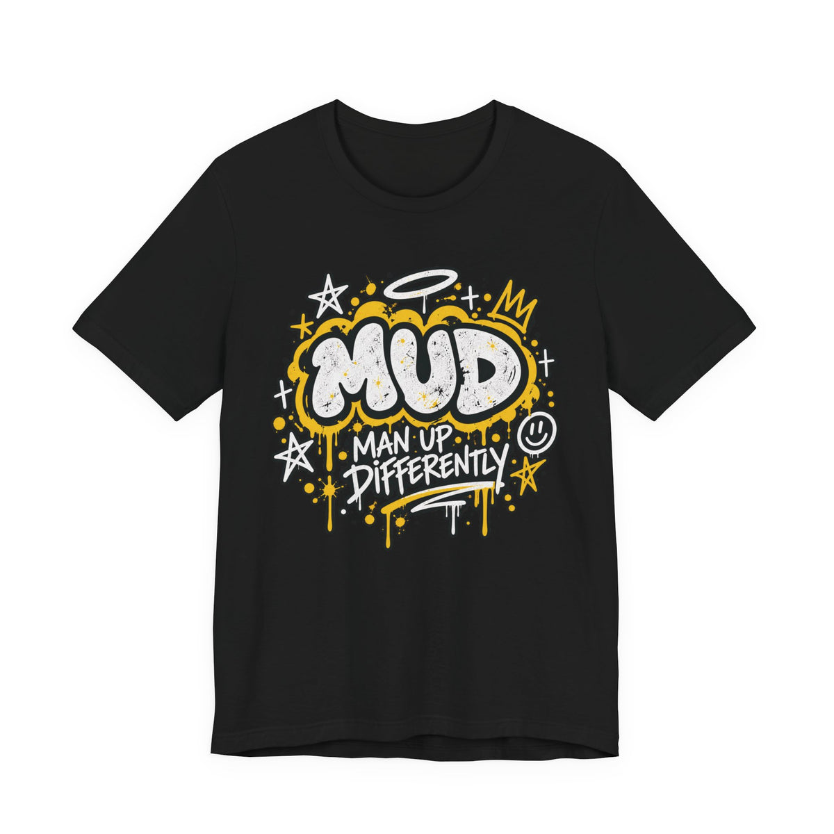 Black BE LOUD Tee flat lay front view with MUD chest graphic