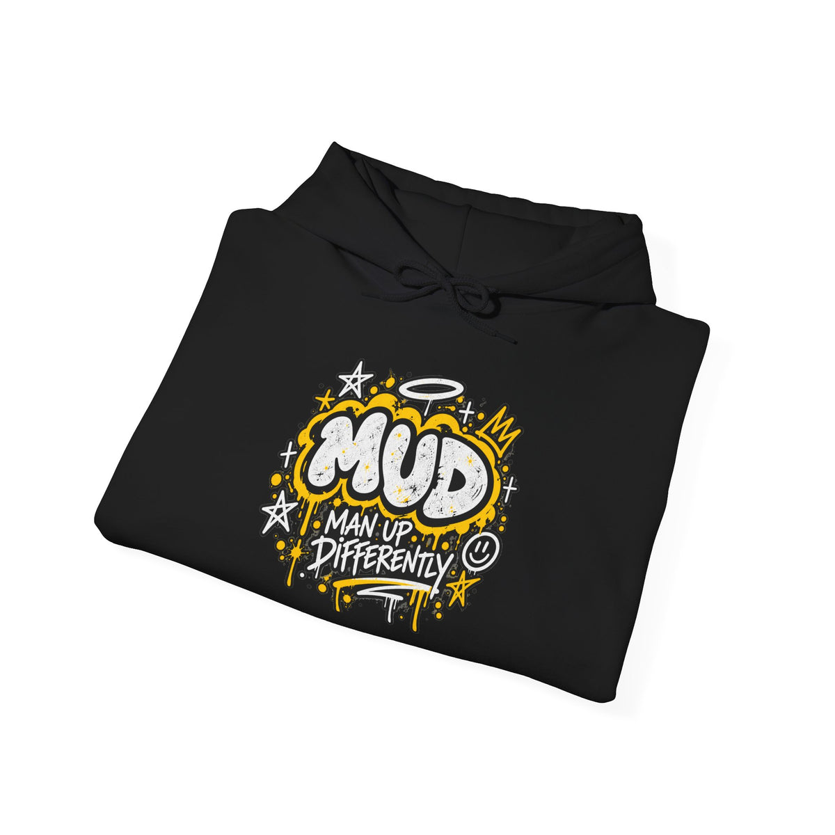 Folded black BE LOUD Hoodie showing MUD chest graphic