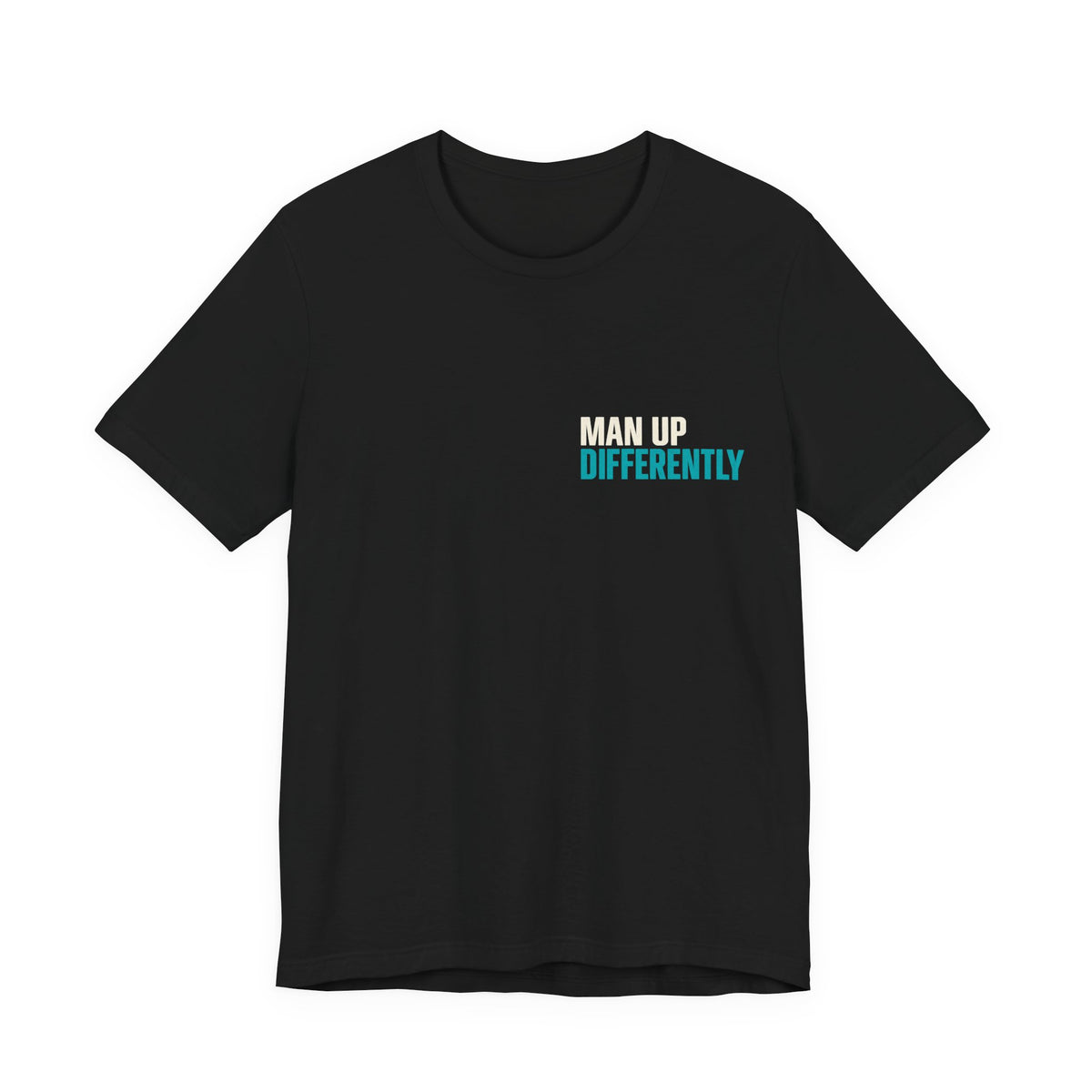 Black MUD Essential Tee flat lay front view with Man Up Differently chest logo