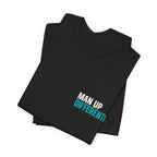 Folded black MUD Essential Tees showing Man Up Differently chest logo