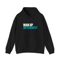 Black MUD Essential Hoodie laid flat with Man Up Differently text