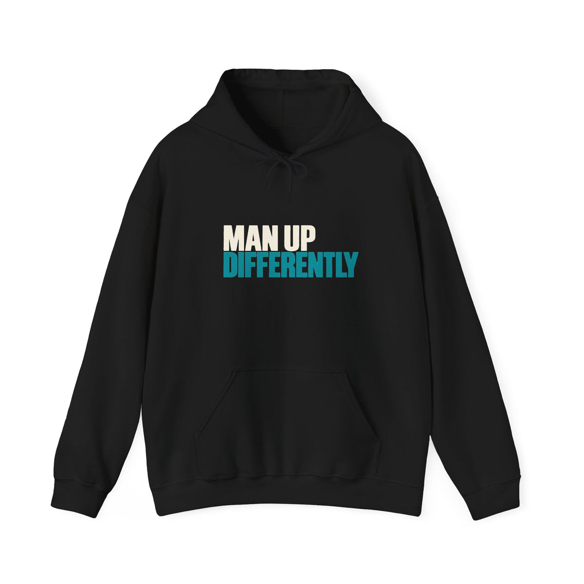 Black MUD Essential Hoodie laid flat with Man Up Differently text