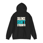 Black MUD Essential Hoodie back view on invisible mannequin with Silence Isn't Strength text