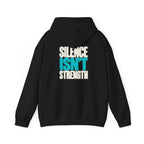 Black MUD Essential Hoodie back laid flat with Silence Isn't Strength text