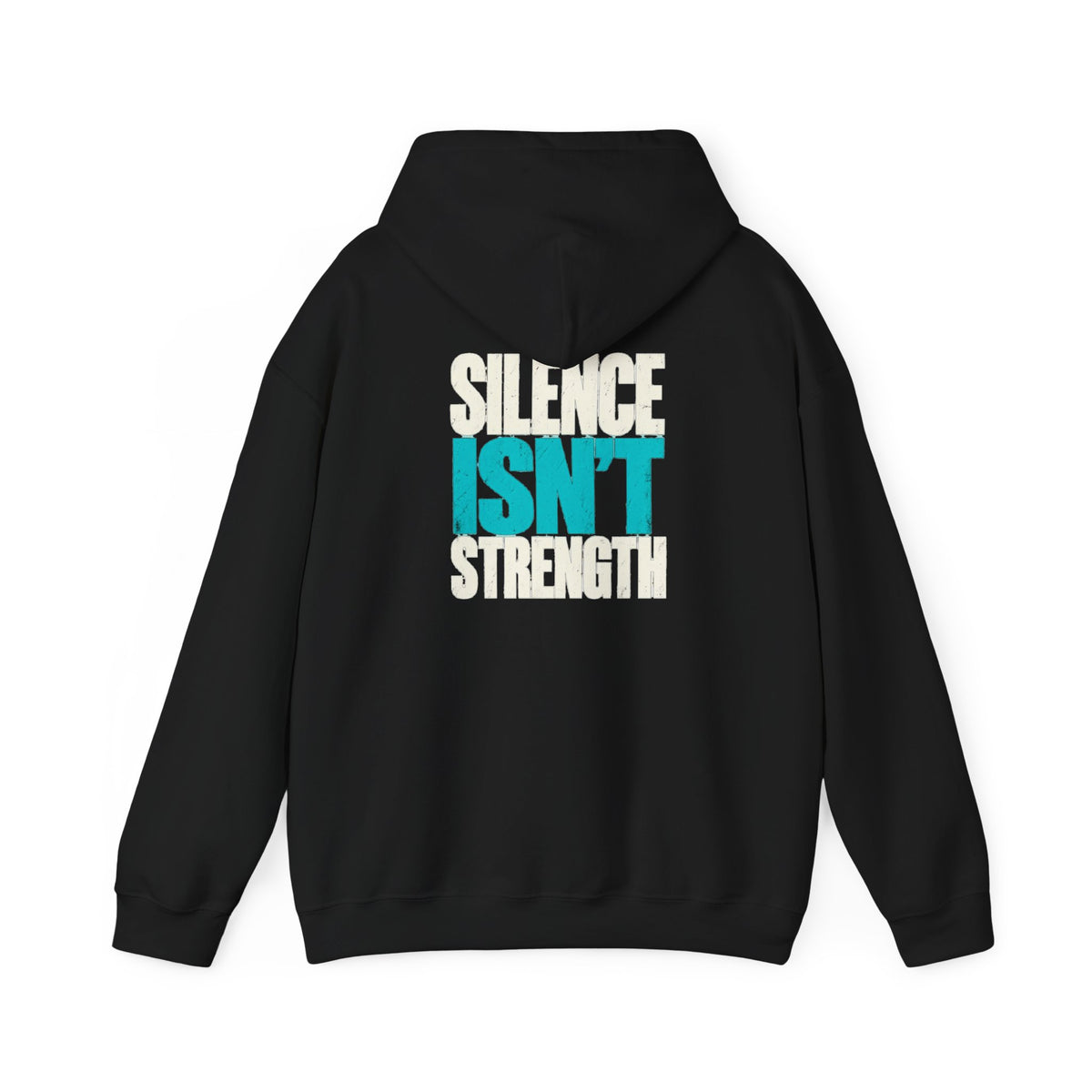 Black MUD Essential Hoodie back laid flat with Silence Isn't Strength text