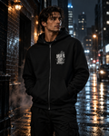 MUD BREAK THROUGH Monochrome Zip Hoodie lifestyle image in a rainy city setting