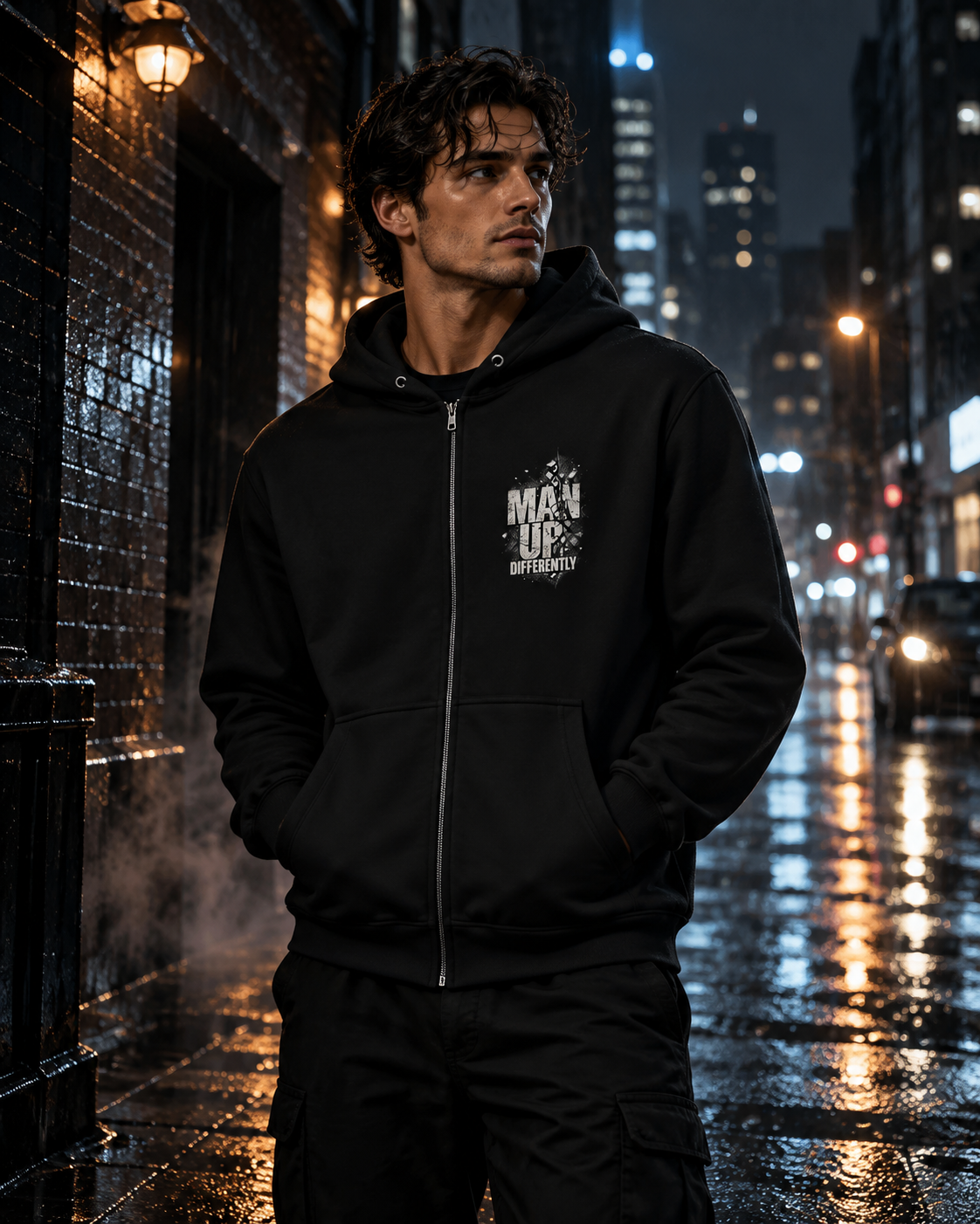 MUD BREAK THROUGH Monochrome Zip Hoodie lifestyle image in a rainy city setting