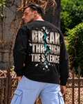Model wearing black MUD BREAK THROUGH Long Sleeve, back view with BREAK THROUGH THE SILENCE graphic
