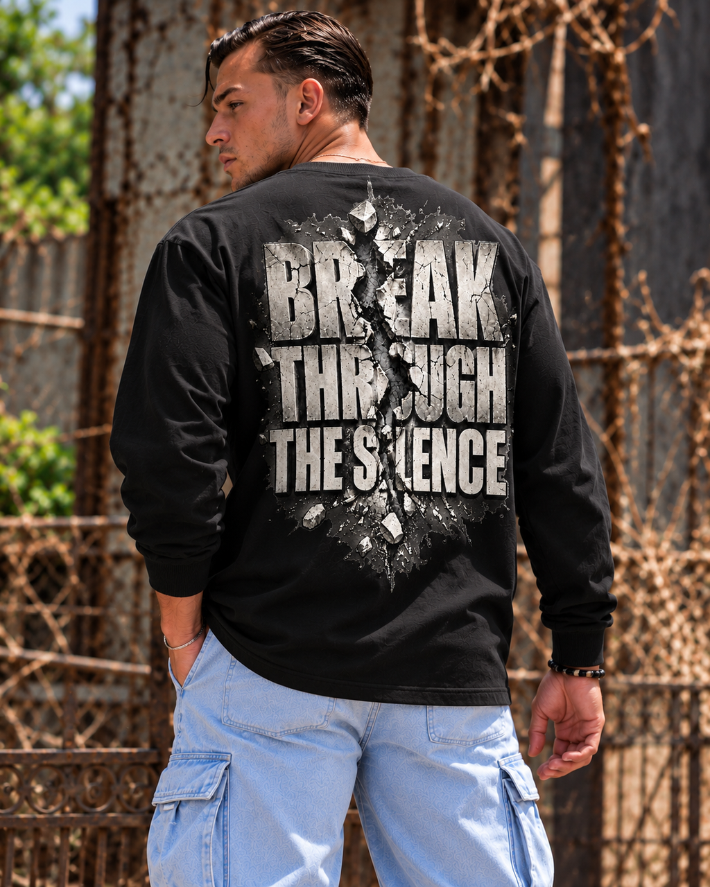 Model wearing black MUD BREAK THROUGH Monochrome Long Sleeve, back view with monochrome BREAK THROUGH THE SILENCE graphic
