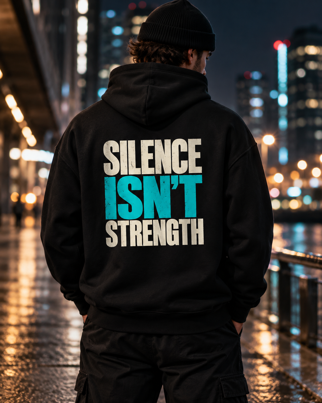 Back view of a person wearing a black MUD Essential Hoodie with teal and off-white Silence Isn't Strength print on a nighttime city street.