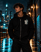 MUD BREAK THROUGH Zip Hoodie lifestyle image in a rainy city setting