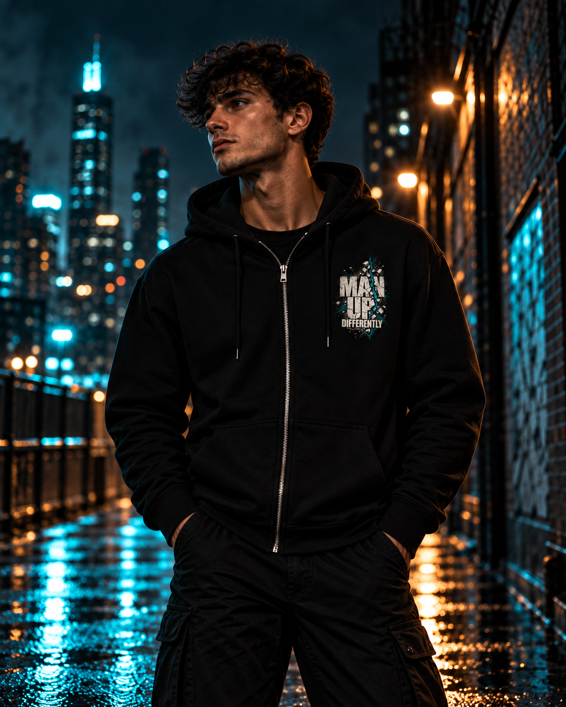 MUD BREAK THROUGH Zip Hoodie lifestyle image in a rainy city setting