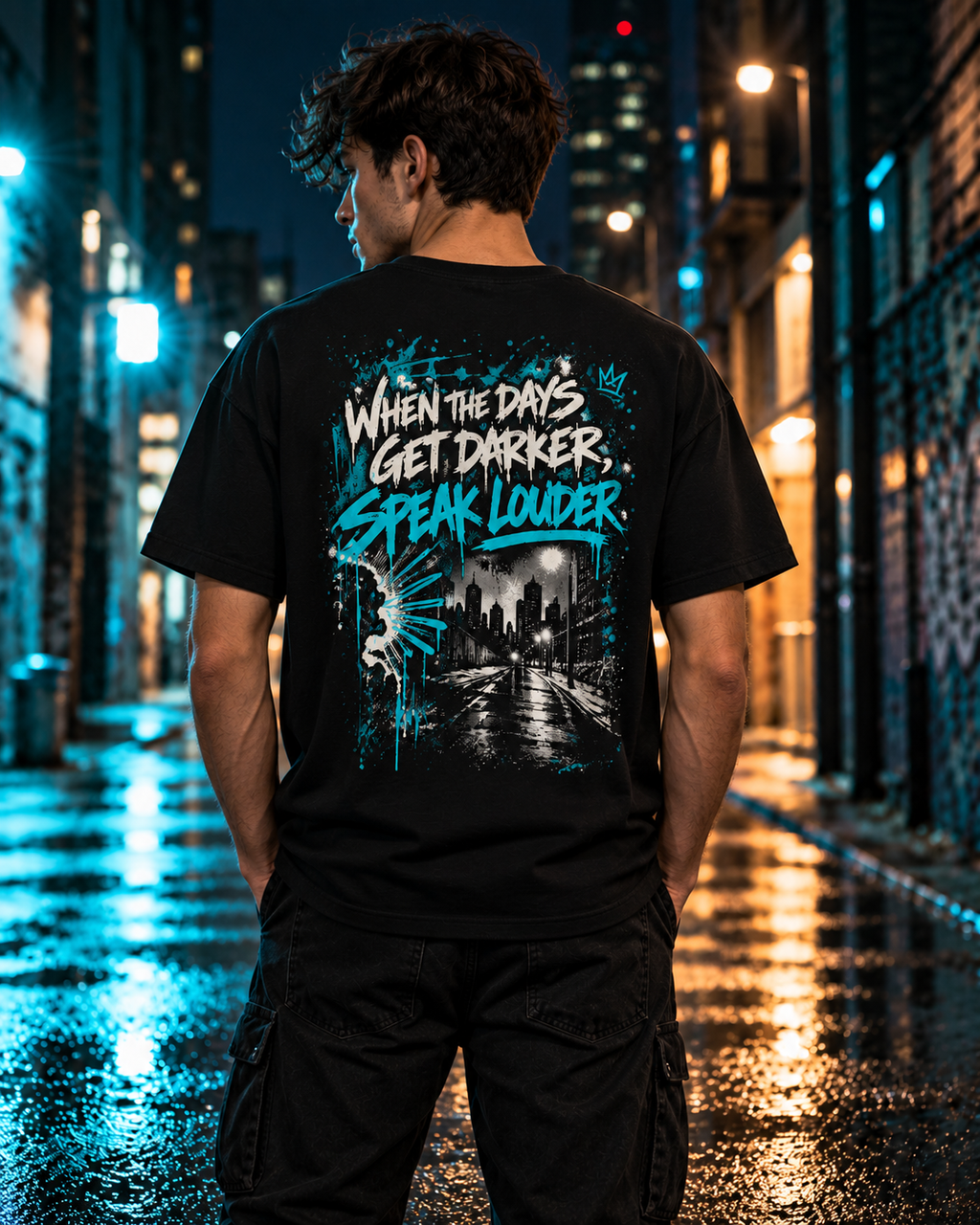 Model wearing MUD After Dark Tee back view with When The Days Get Darker Speak Louder graphic