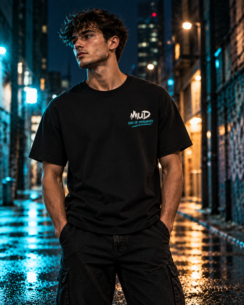 Model wearing MUD After Dark Tee with small MUD chest logo