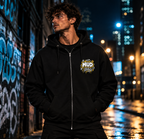BE LOUD Zip Hoodie lifestyle image in a neon graffiti street setting