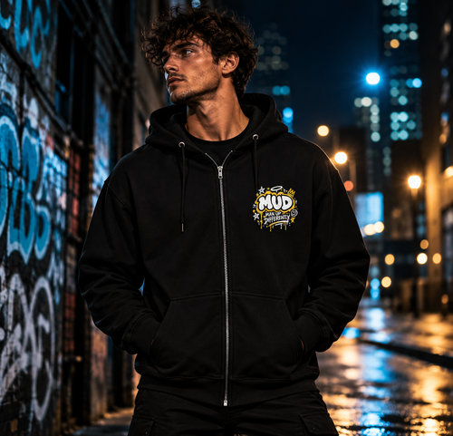 BE LOUD Zip Hoodie lifestyle image in a neon graffiti street setting