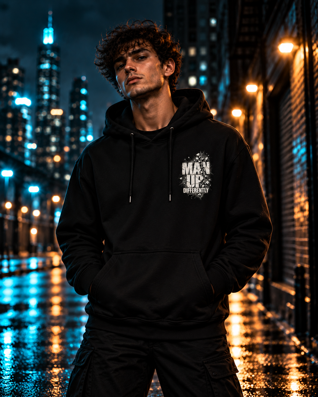MUD BREAK THROUGH Monochrome Hoodie lifestyle image in a neon-lit rainy street setting