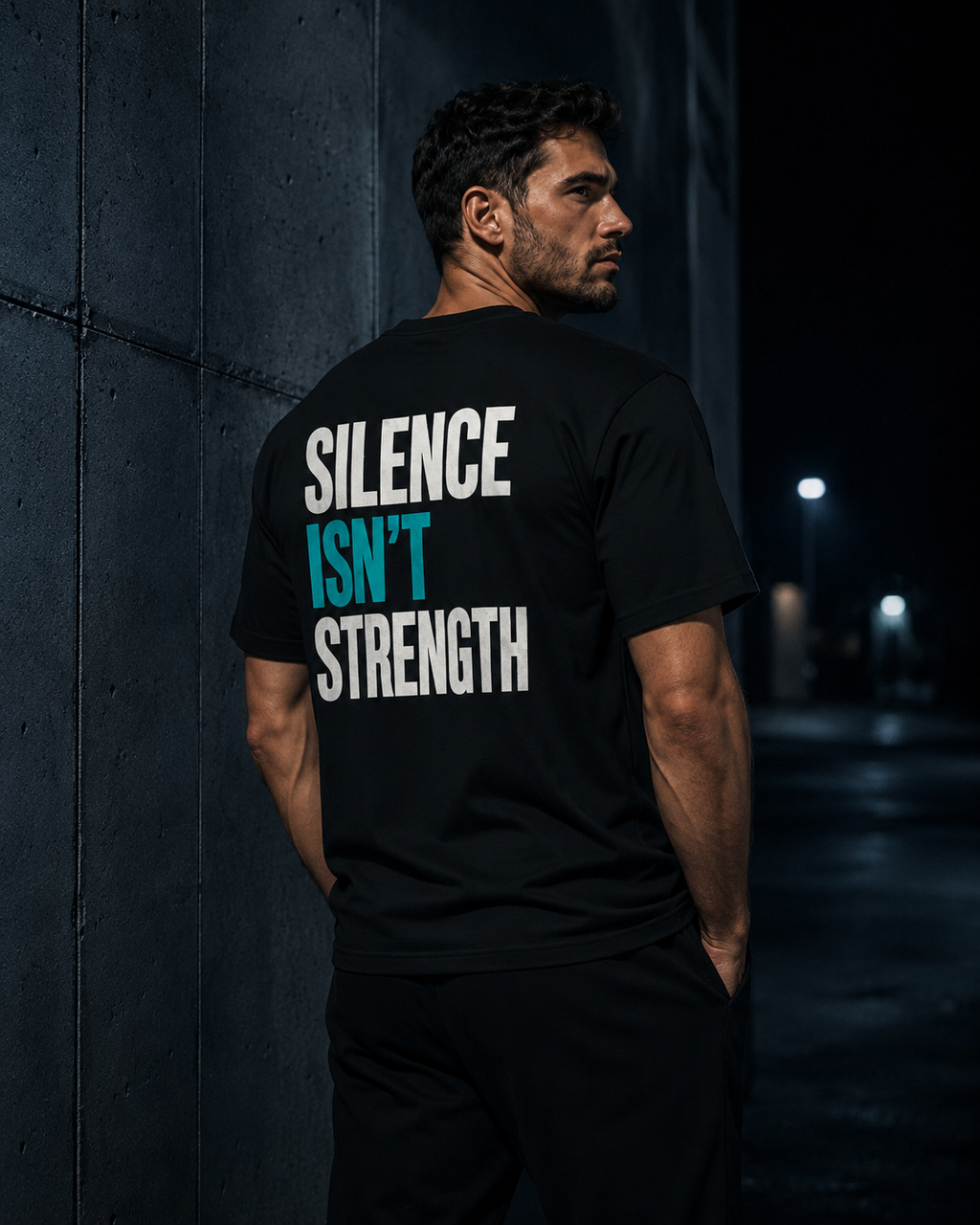 Black MUD Essential Tee back with Silence Isn't Strength print