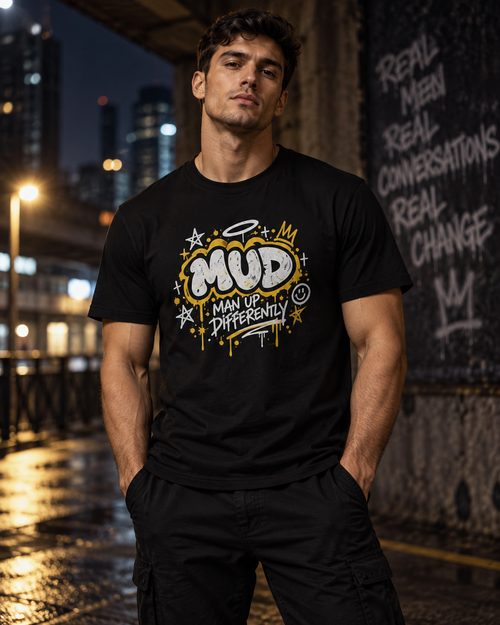 Black BE LOUD Tee front with MUD graffiti chest graphic