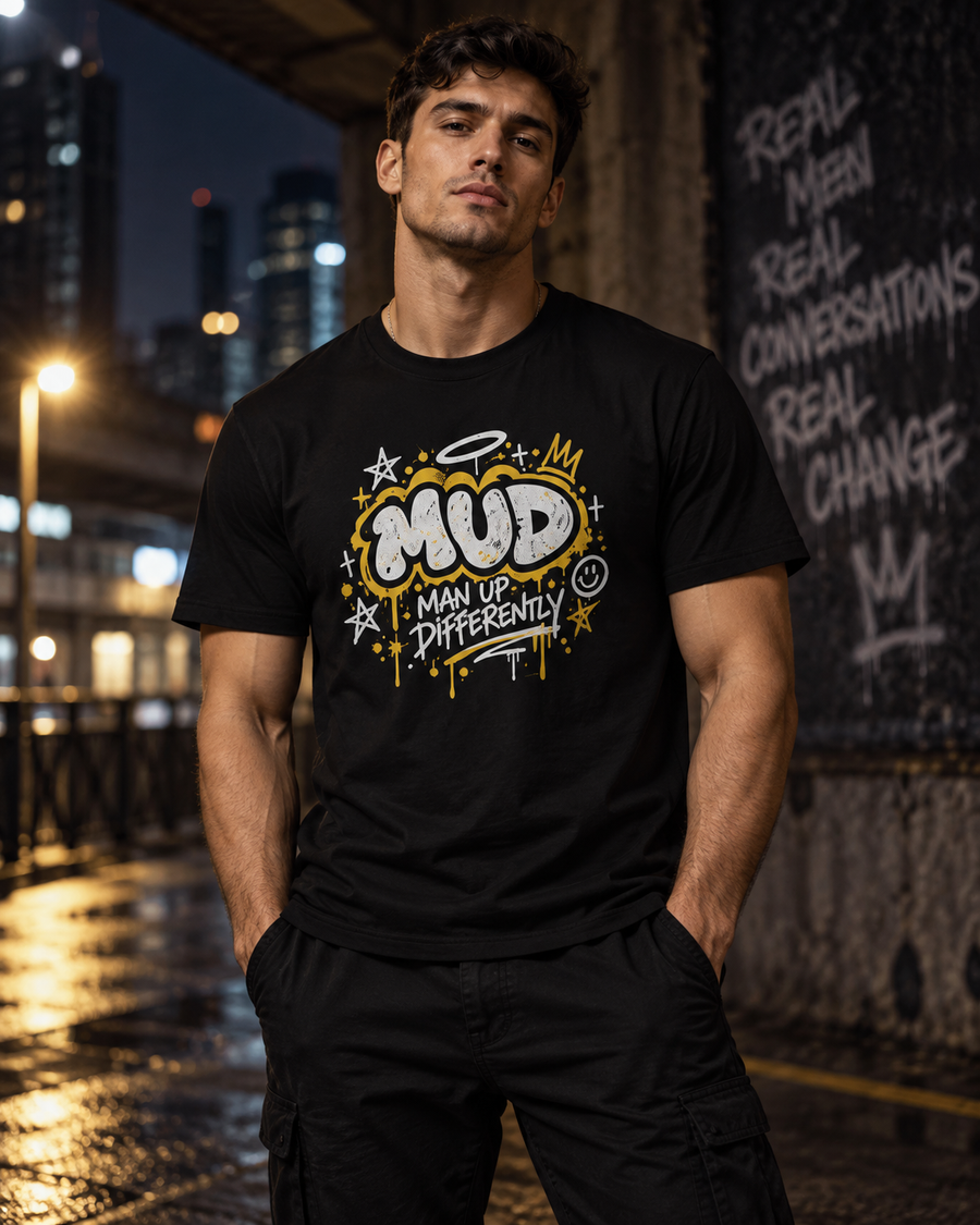 Black BE LOUD Tee front with MUD graffiti chest graphic