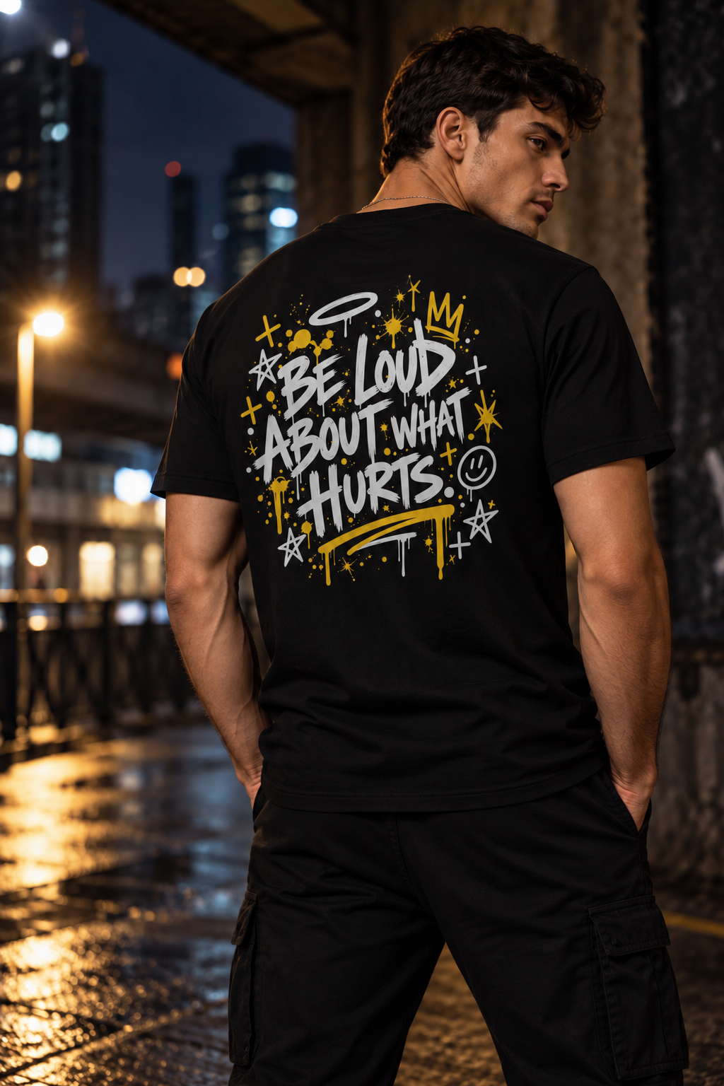 Black BE LOUD Tee back with Be Loud About What Hurts graphic