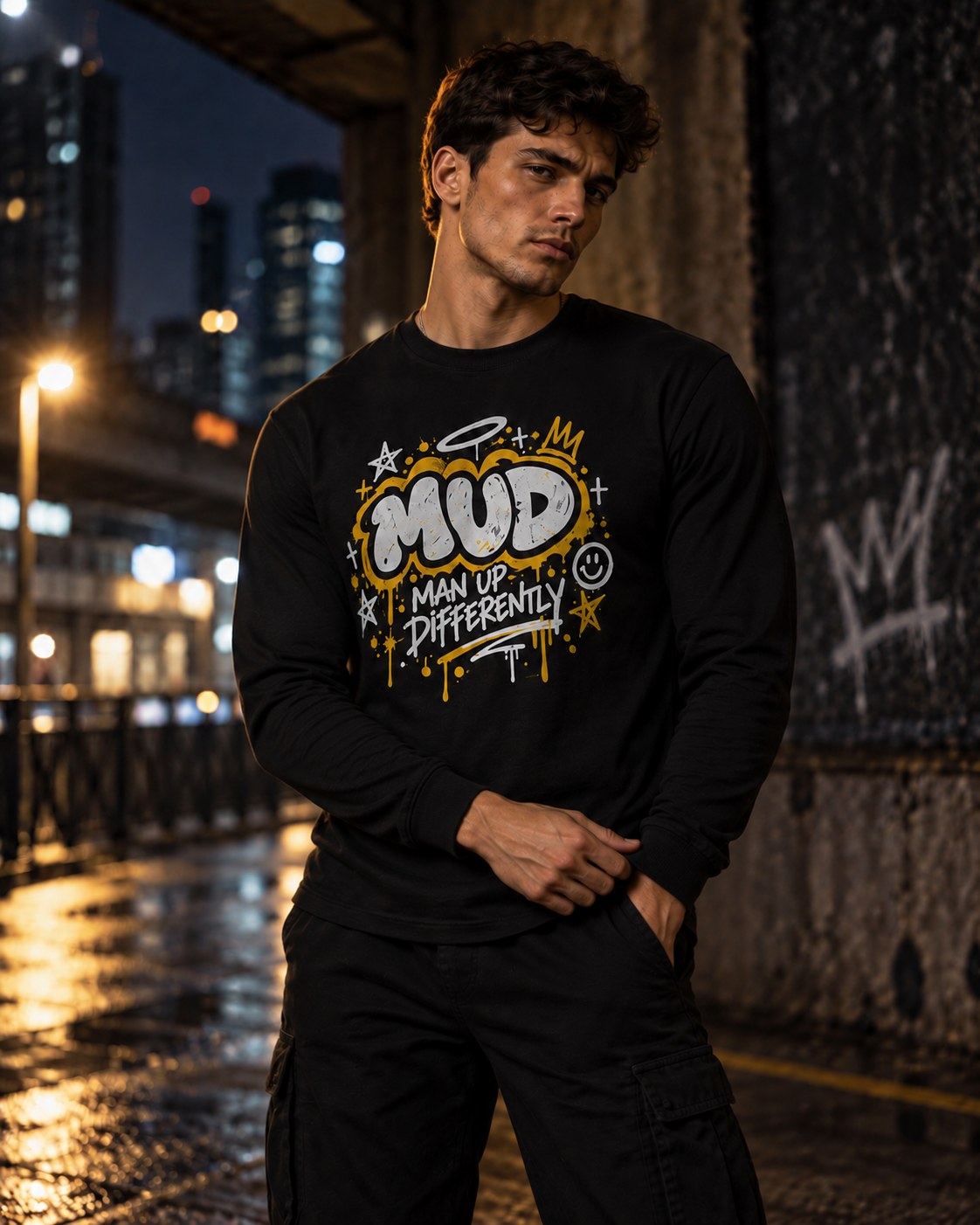 Model wearing black BE LOUD Long Sleeve with MUD chest graphic