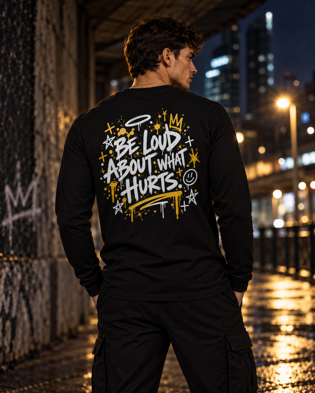 Model wearing black BE LOUD Long Sleeve back view with Be Loud About What Hurts print