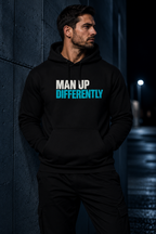 Black MUD Essential Hoodie front with Man Up Differently chest print