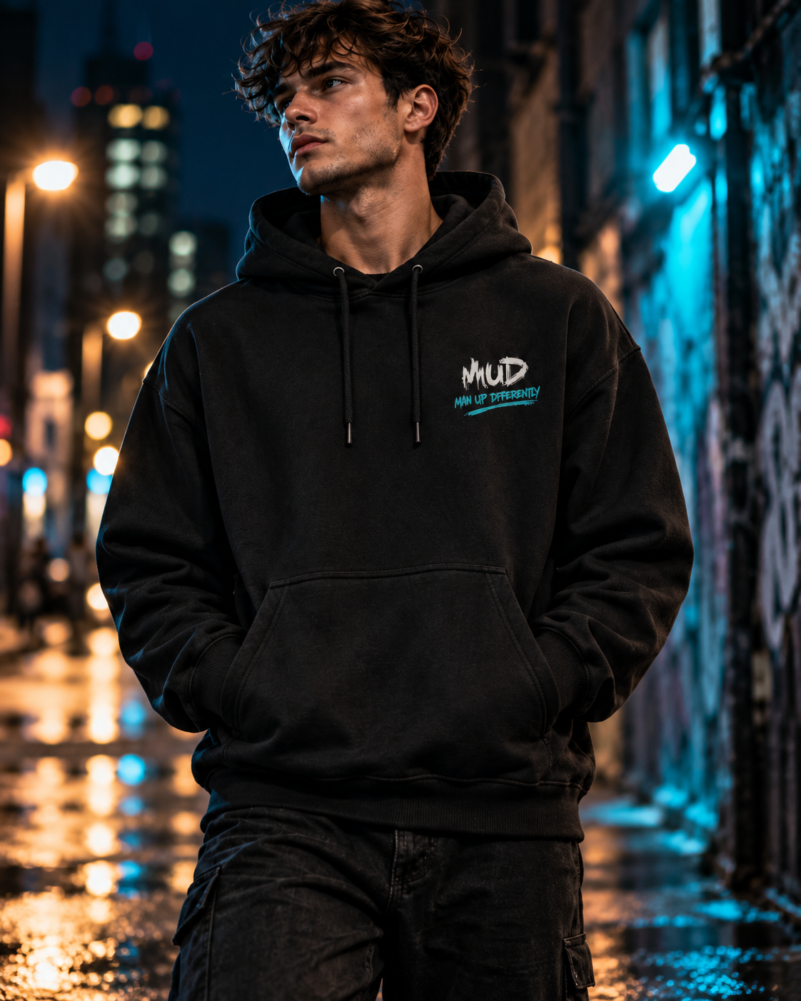 Model wearing MUD After Dark Hoodie with small MUD chest logo