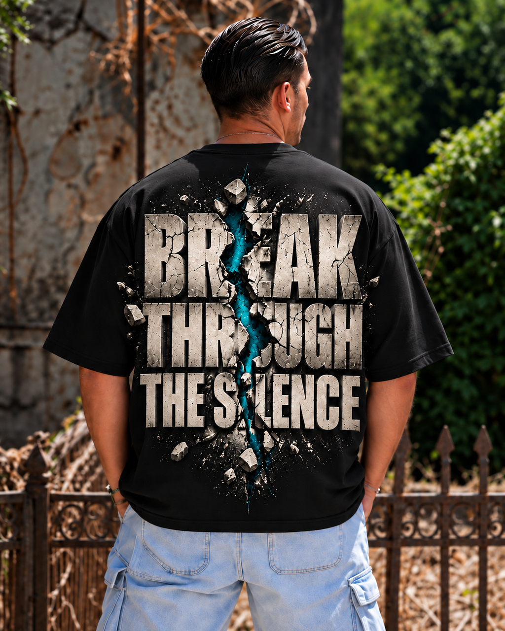 Model wearing black MUD BREAK THROUGH Tee, back view with BREAK THROUGH THE SILENCE graphic