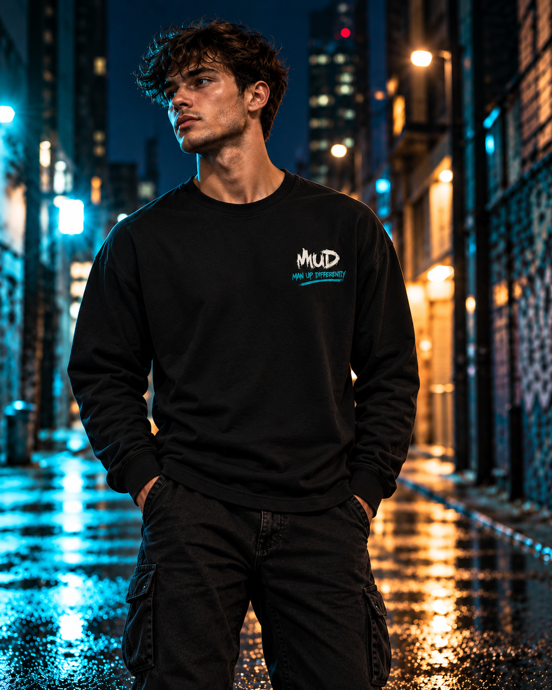 Model wearing MUD After Dark Long Sleeve with small MUD chest logo