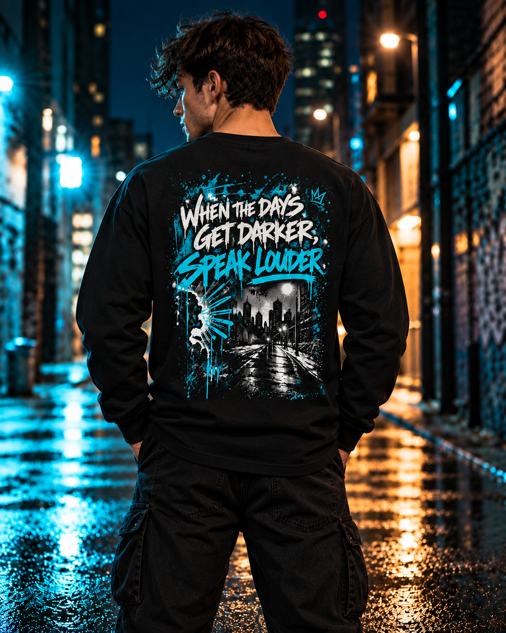 Model wearing MUD After Dark Long Sleeve back view with When The Days Get Darker Speak Louder graphic
