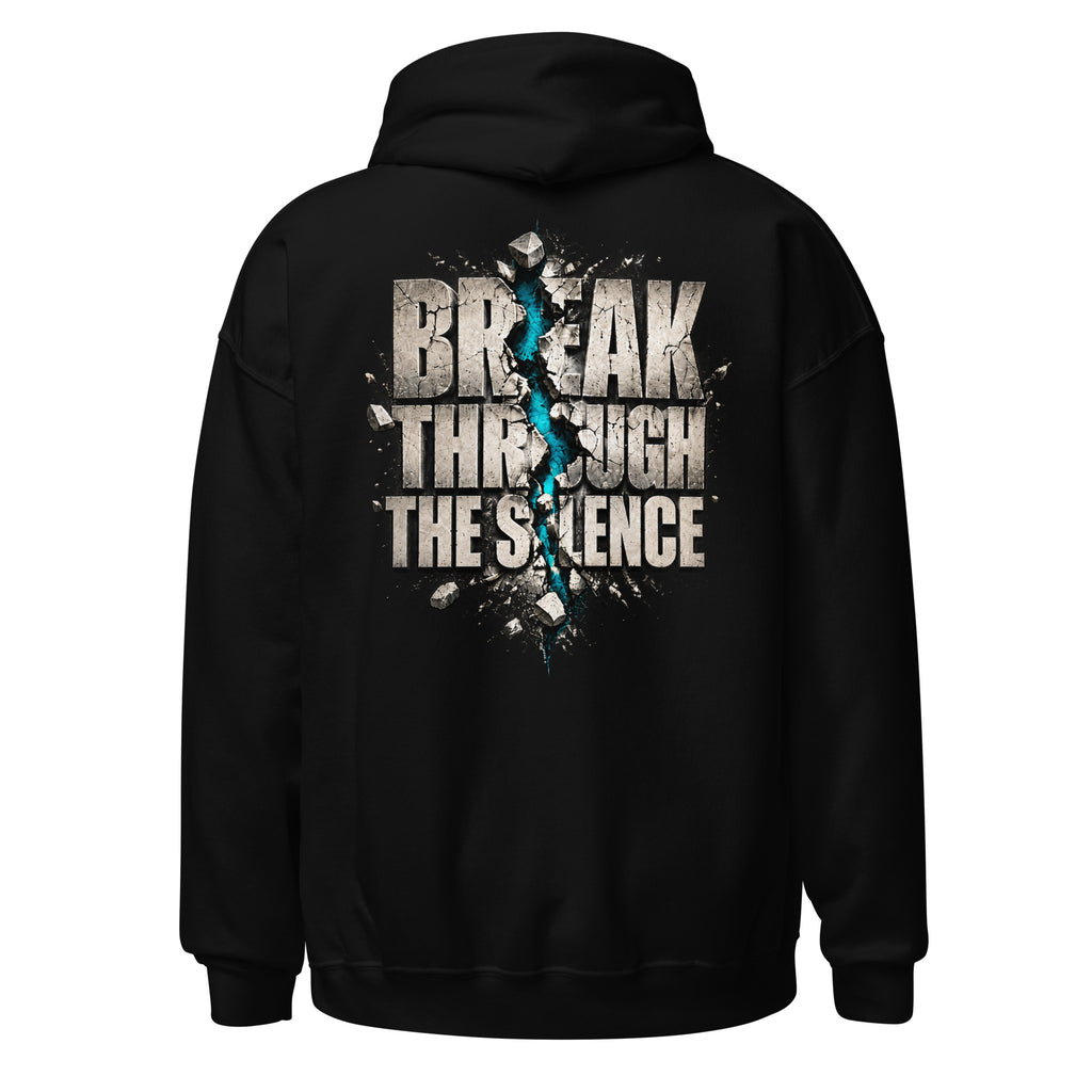 Black MUD BREAK THROUGH Hoodie back with BREAK THROUGH THE SILENCE graphic