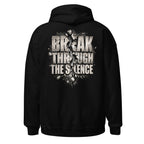 Black MUD BREAK THROUGH Monochrome Hoodie back with monochrome BREAK THROUGH THE SILENCE graphic