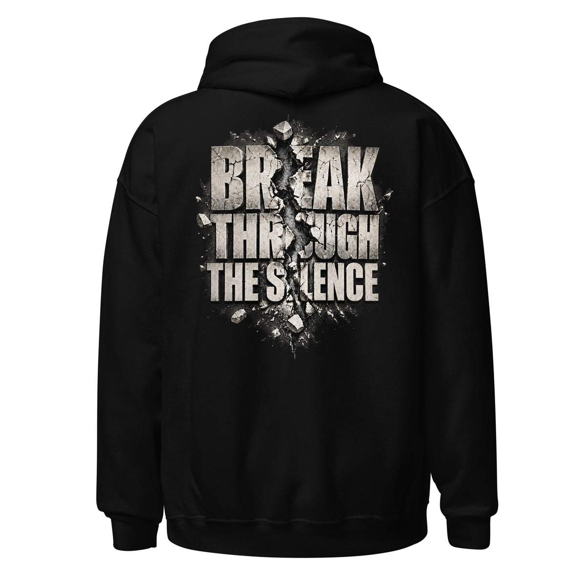 Black MUD BREAK THROUGH Monochrome Hoodie back with monochrome BREAK THROUGH THE SILENCE graphic