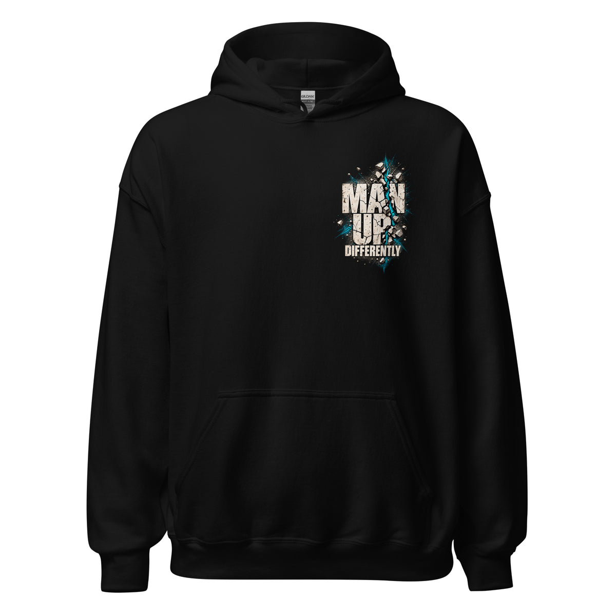 Black MUD BREAK THROUGH Hoodie front with small Man Up Differently chest graphic