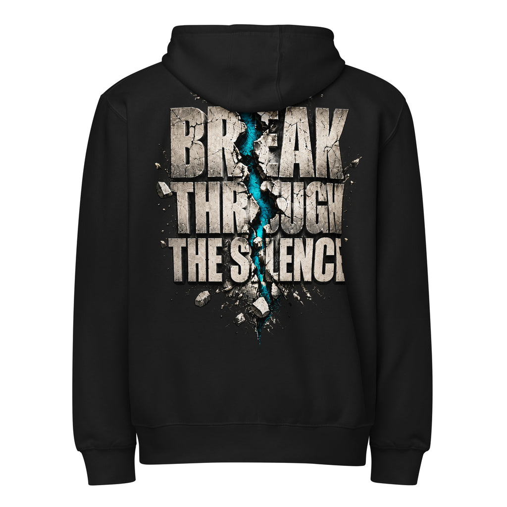 MUD BREAK THROUGH black full-zip hoodie back with BREAK THROUGH THE SILENCE graphic