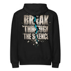 MUD BREAK THROUGH black full-zip hoodie back with BREAK THROUGH THE SILENCE graphic