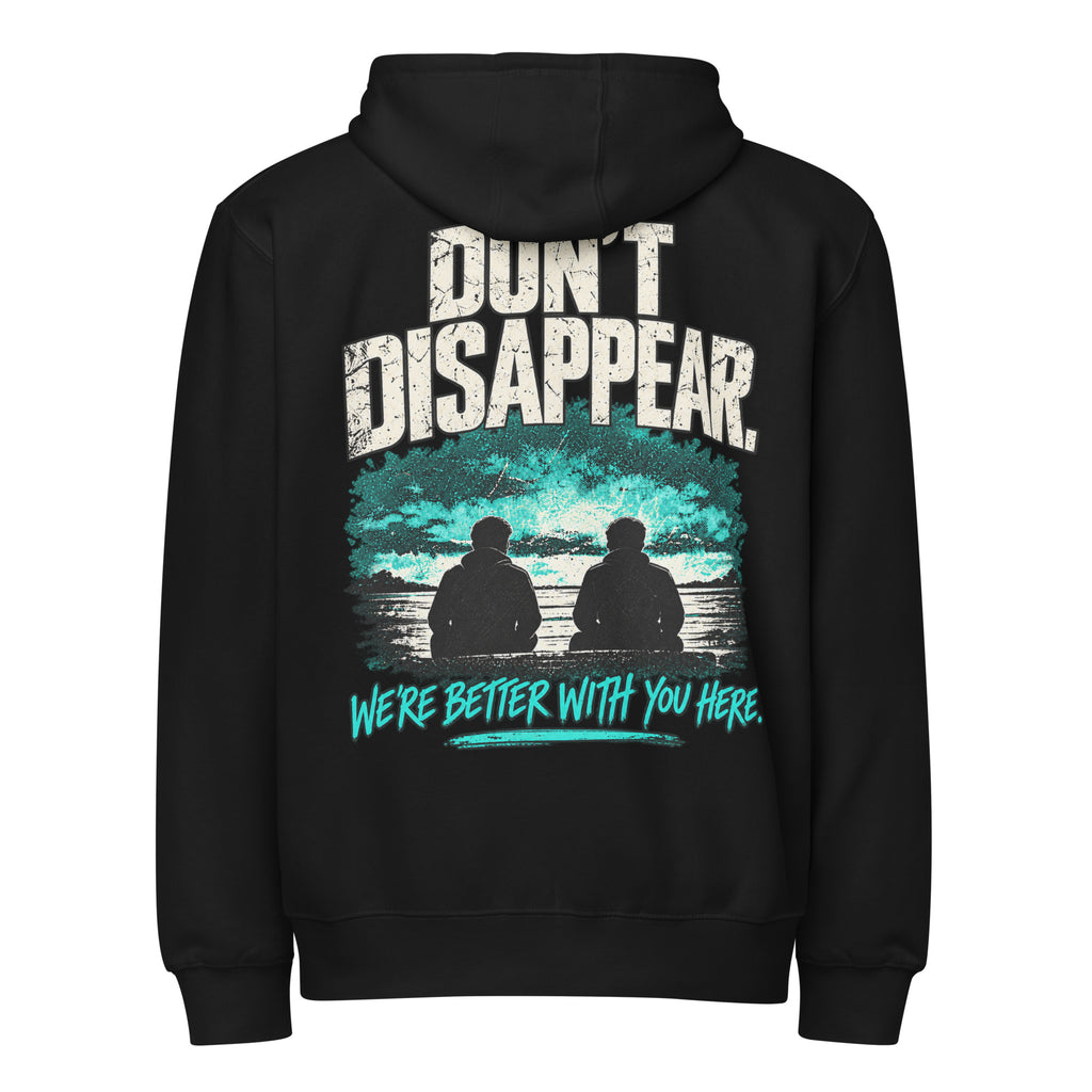Black MUD STAY zip hoodie, back view with Don’t Disappear graphic