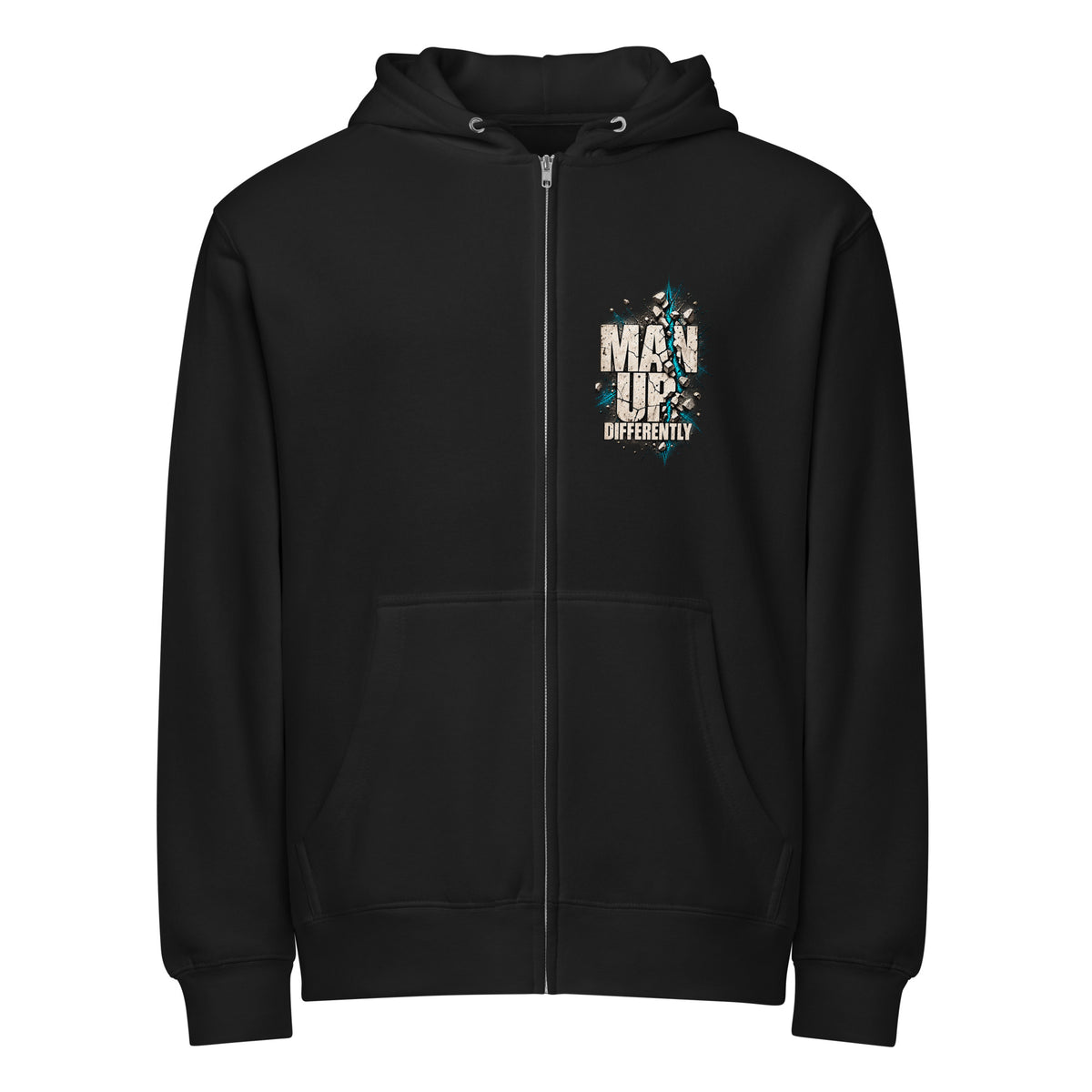MUD BREAK THROUGH black full-zip hoodie front with small Man Up Differently chest graphic
