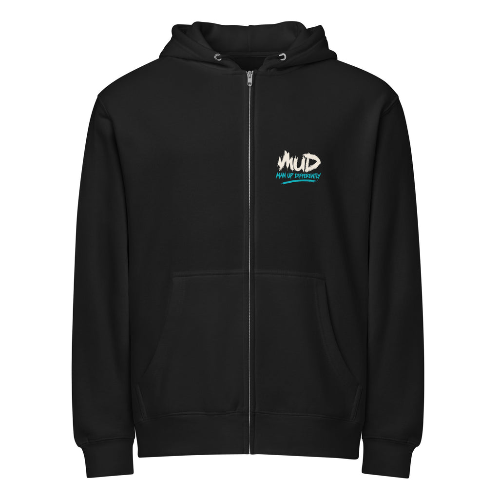 Black MUD After Dark Zip Hoodie front with small MUD chest graphic