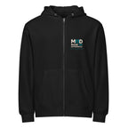 Black MUD STAY zip hoodie, front view with MUD chest branding