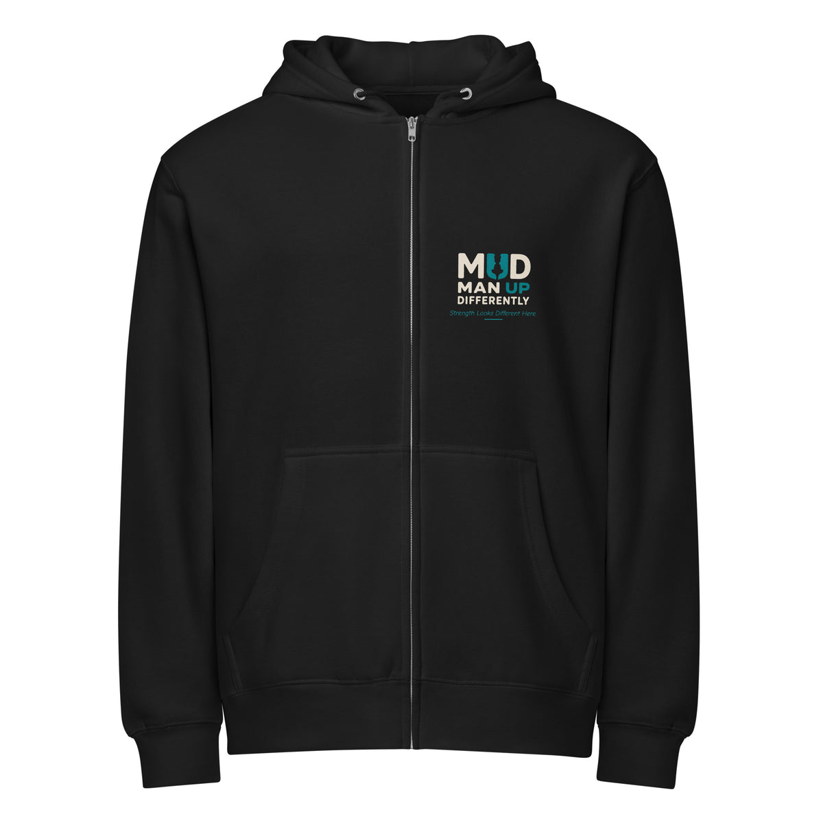 Black MUD STAY zip hoodie, front view with MUD chest branding