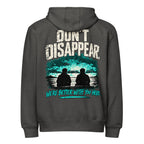 Charcoal Heather MUD STAY zip hoodie, back view with Don’t Disappear graphic