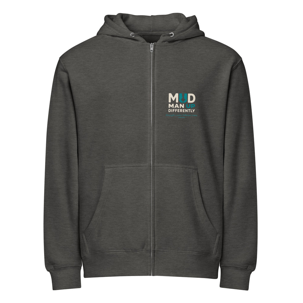 Charcoal Heather MUD STAY zip hoodie, front view with MUD chest branding