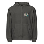 Charcoal Heather MUD STAY zip hoodie, front view with MUD chest branding